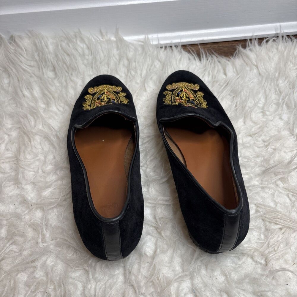 Jon Josef Black Velvet Gatsby Shield Emblem Leather Loafers Flats Shoes Size 7.5 - Picture 3 of 16